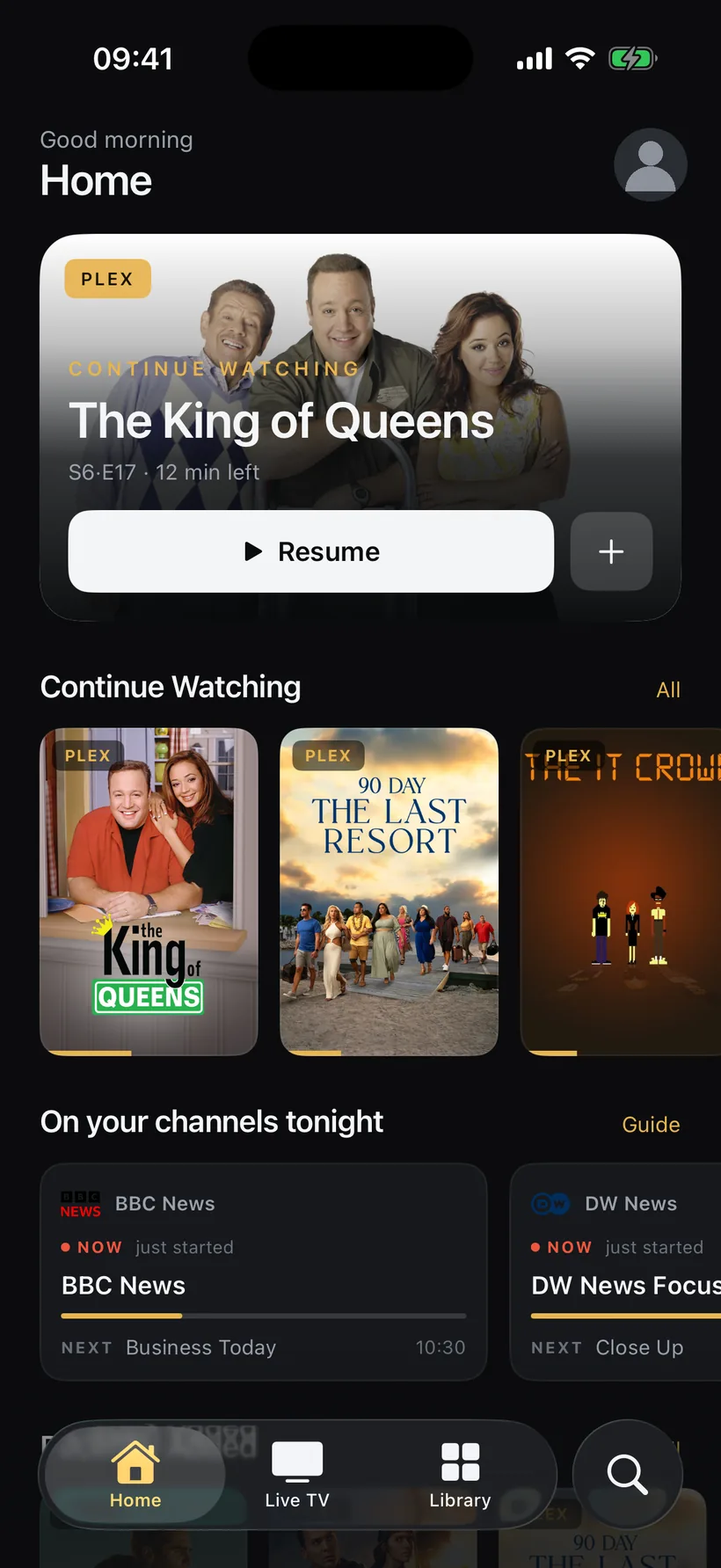 Interlace Home on iPhone: Continue Watching from Plex above the channels on air right now