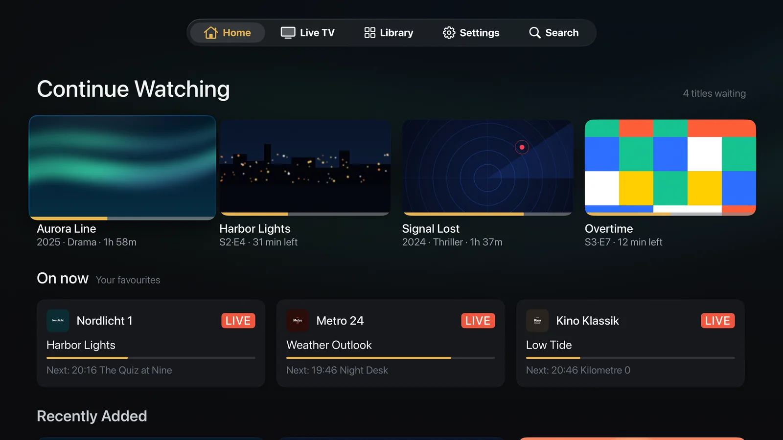 Interlace Home on Apple TV: Continue Watching above the favourite channels on air now