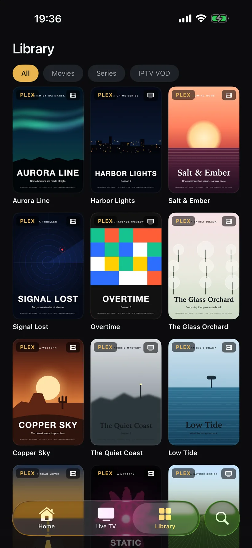 The Library on iPhone: Plex titles with All, Movies, Series and IPTV VOD filters