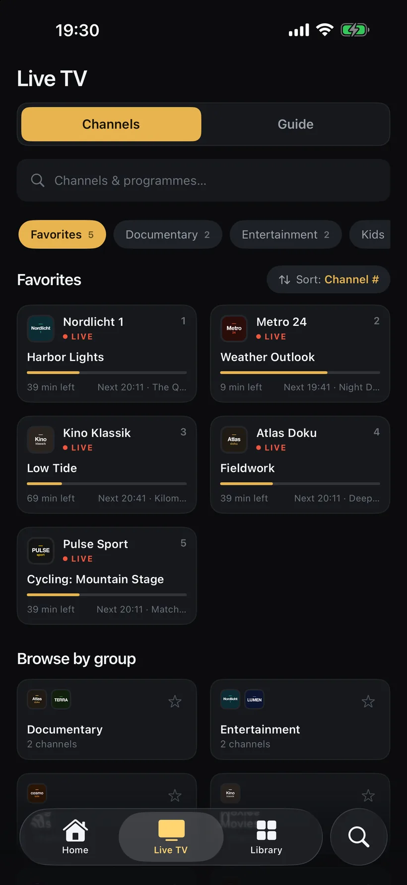 Live TV on iPhone: favourite channels with what is on now, and channel groups below